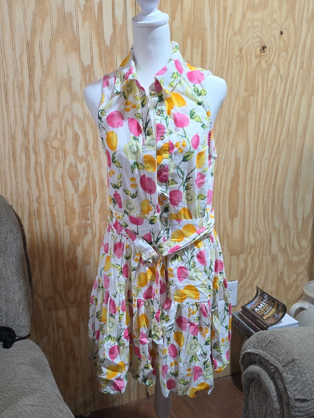 Cynthia Rowley White Sleeveless Floral Button-Front Mini Dress in Pink & Yellow